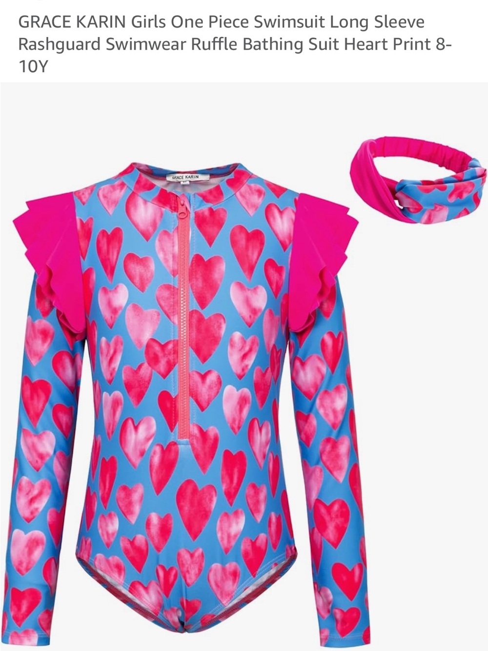 Grace Karin Blue One-Piece Rashguard Swimsuit with Pink Hearts